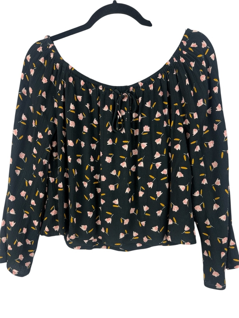 Billabong Boho Chic Black Off-Shoulder Floral Tie-Front Long Sleeve Large Blouse